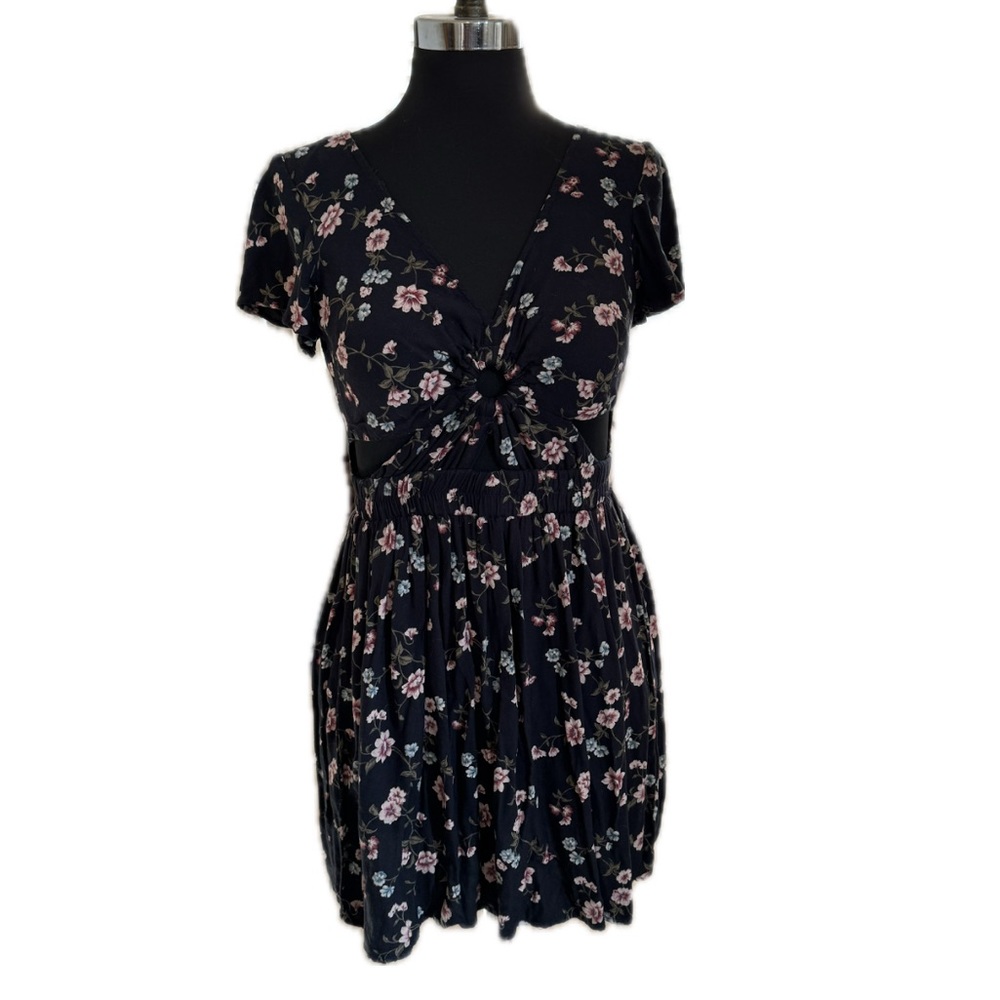 American Eagle black floral dress with keyhole back and cut outs in front.